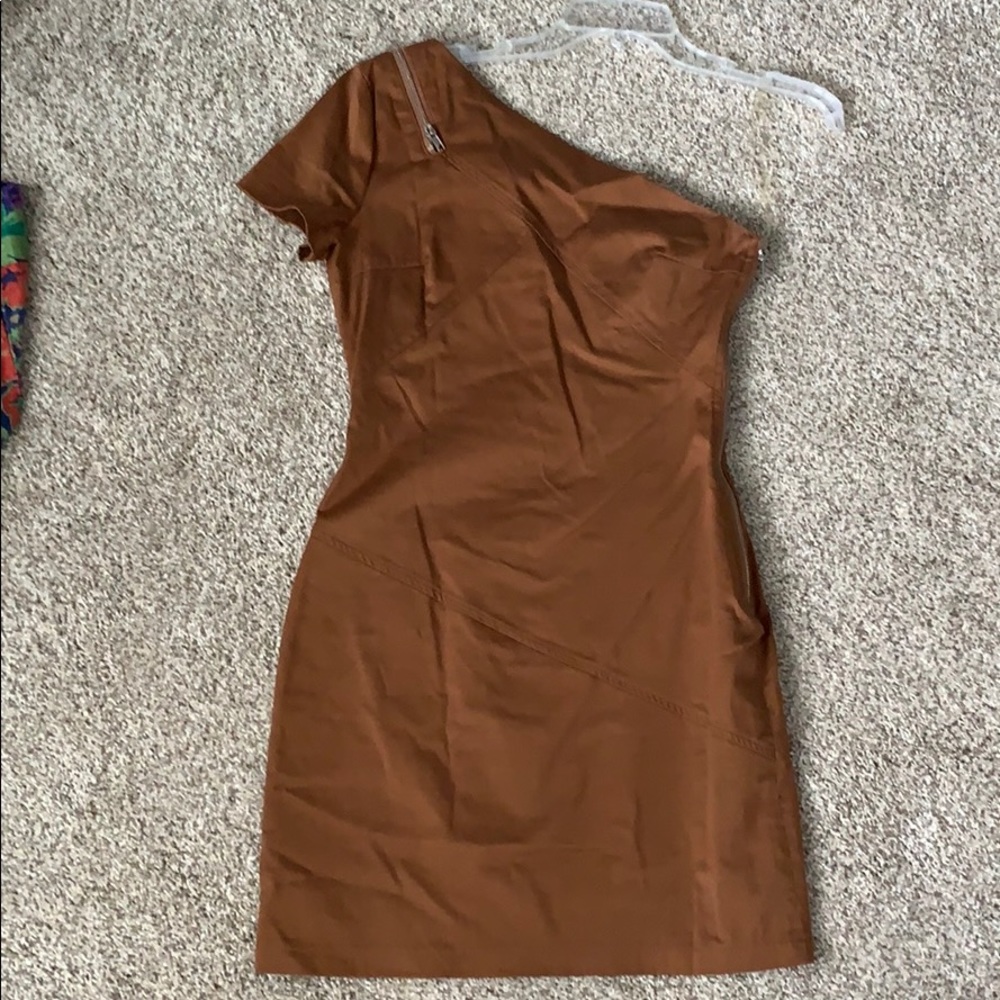 One shoulder bronze dress with side zipper